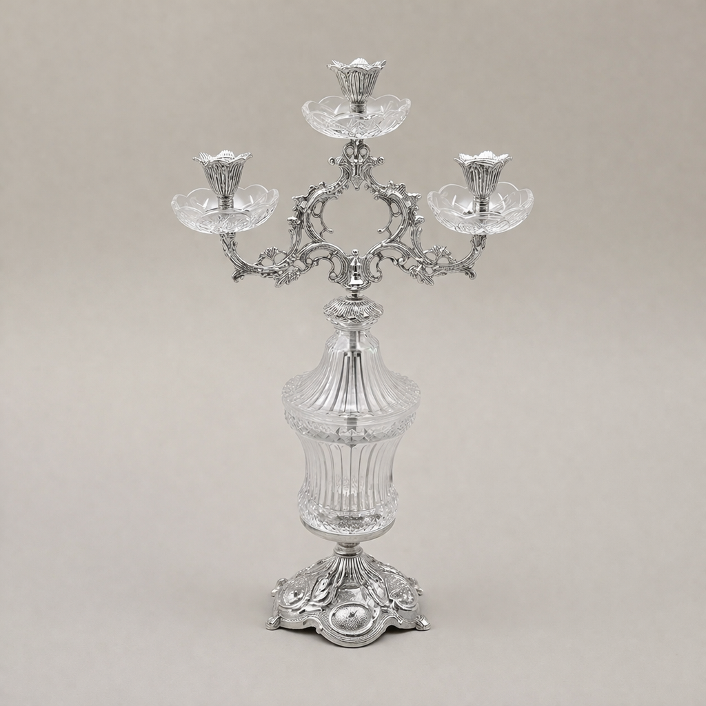 Rococo Three-Arm Crystal & Brass Candelabra - Scrolled Foliate Crown — Silver