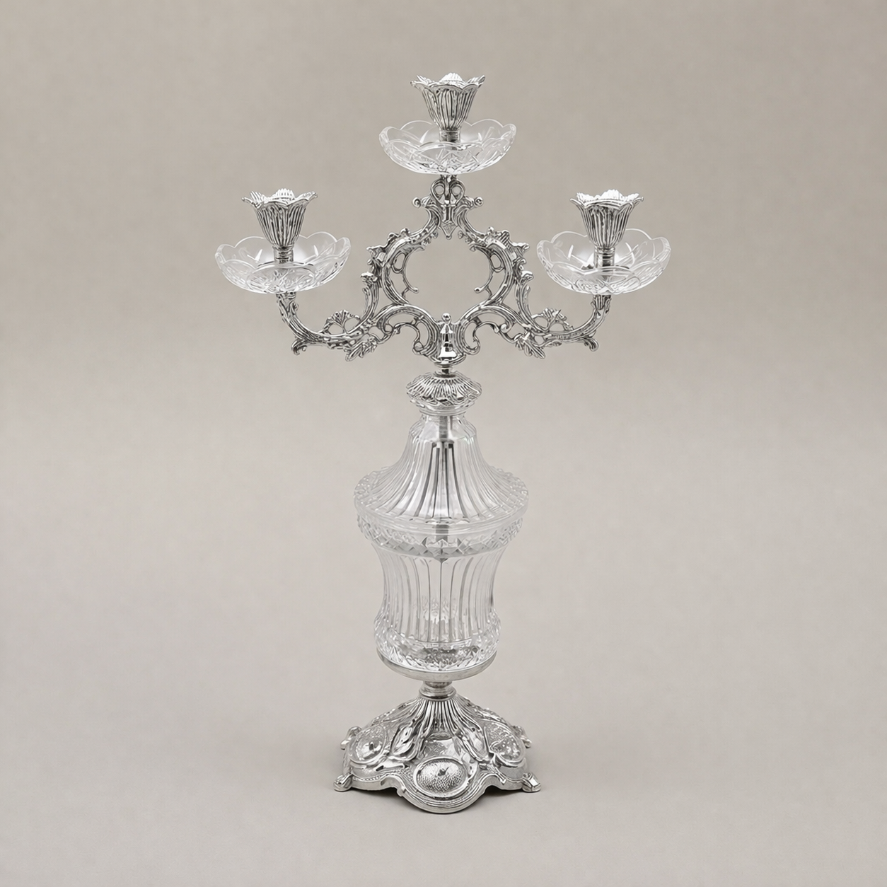 Rococo Three-Arm Crystal & Brass Candelabra - Scrolled Foliate Crown — Silver