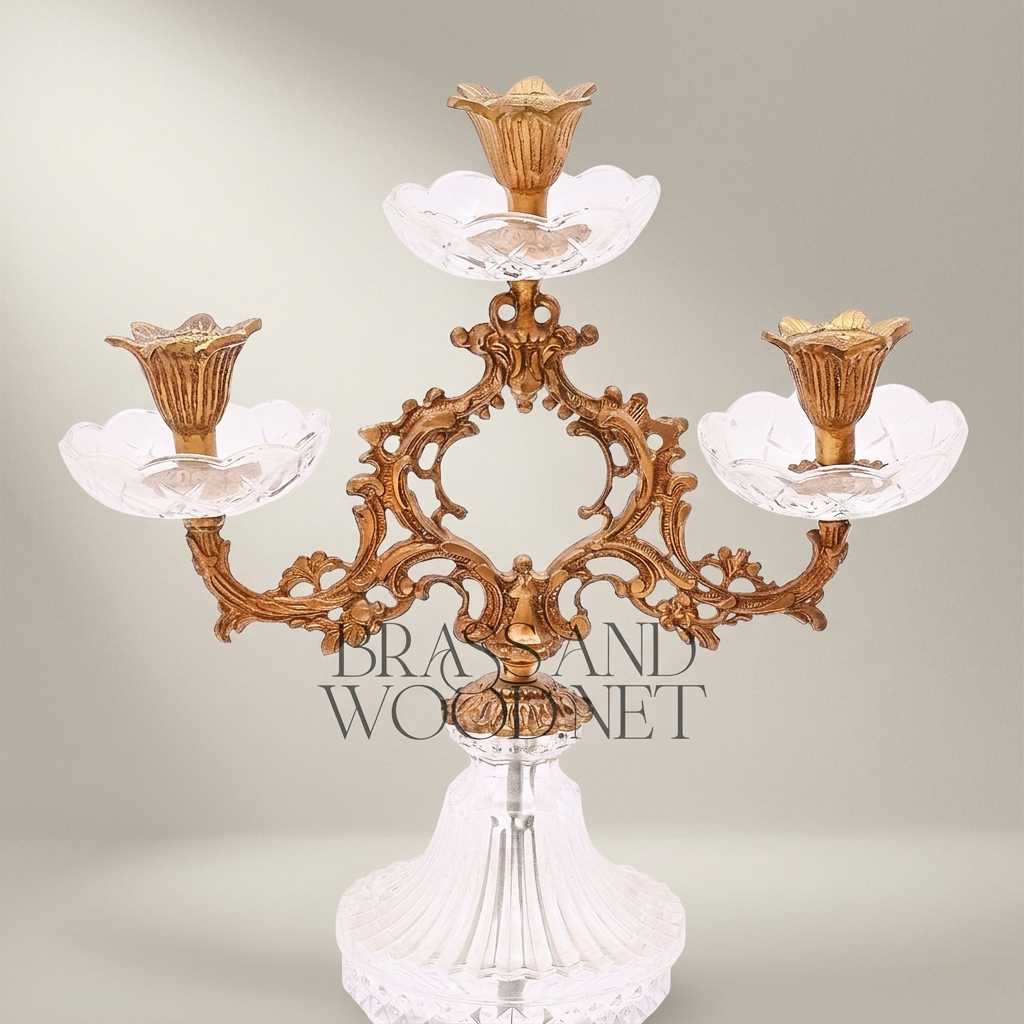 Rococo Three-Arm Crystal & Brass Candelabra - Scrolled Foliate Crown — Antique Gold