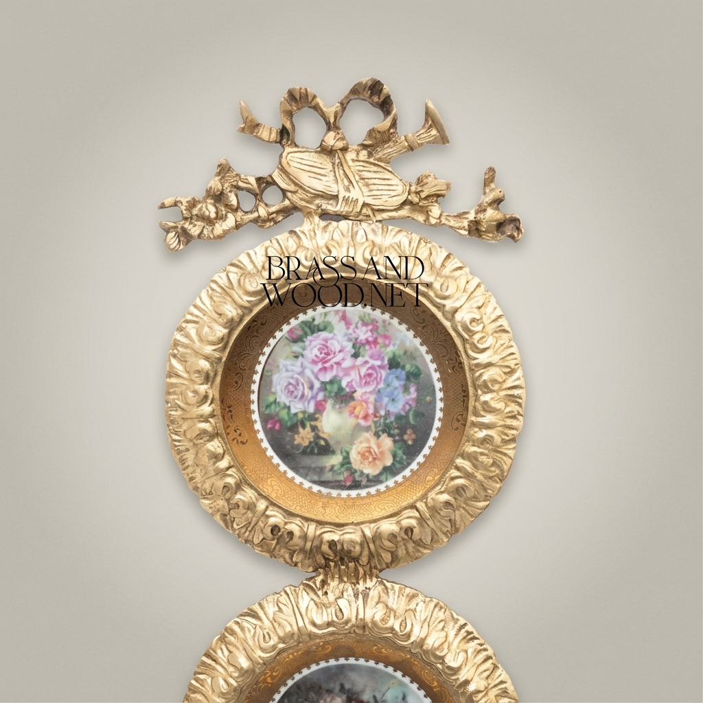 Rococo Triple Circular Brass Wall Frame with Floral Porcelain Medallions & Ribbon Crest
