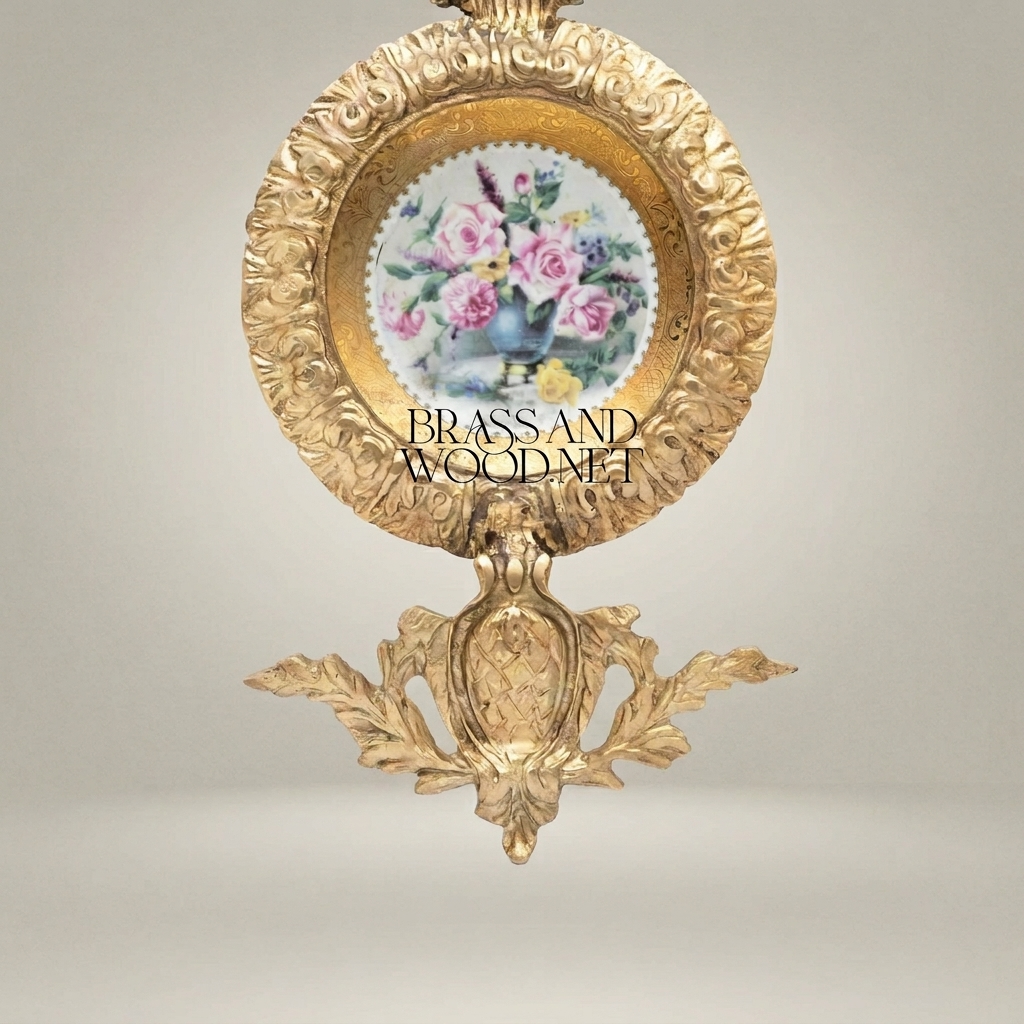 Rococo Triple Circular Brass Wall Frame with Floral Porcelain Medallions & Ribbon Crest