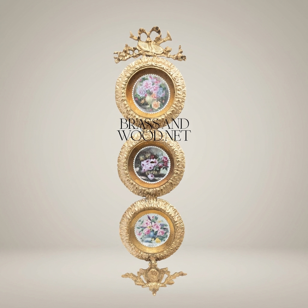 Rococo Triple Circular Brass Wall Frame with Floral Porcelain Medallions & Ribbon Crest — Gold