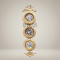 Rococo Triple Circular Brass Wall Frame with Floral Porcelain Medallions & Ribbon Crest — Gold