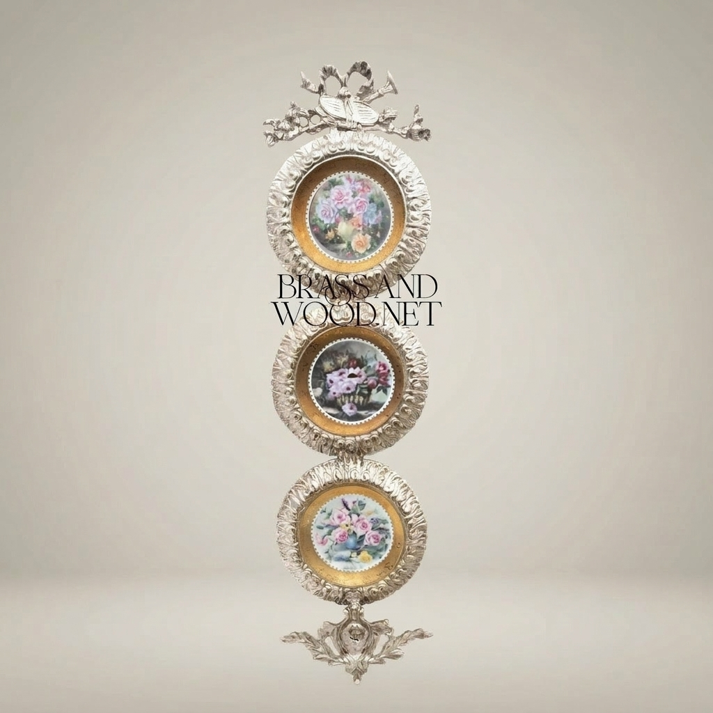 Rococo Triple Circular Brass Wall Frame with Floral Porcelain Medallions & Ribbon Crest — Silver