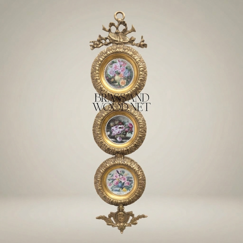 Rococo Triple Circular Brass Wall Frame with Floral Porcelain Medallions & Ribbon Crest — Antique Gold
