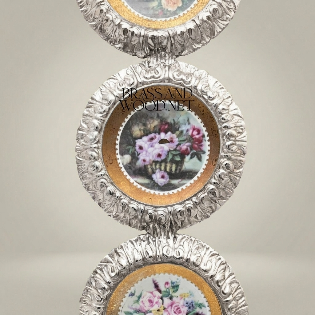 Rococo Triple Circular Brass Wall Frame with Floral Porcelain Medallions & Ribbon Crest — Silver