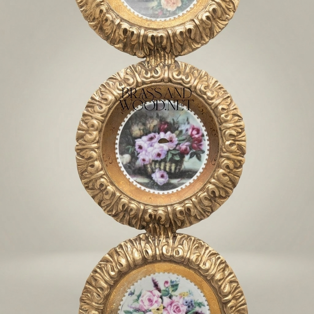 Rococo Triple Circular Brass Wall Frame with Floral Porcelain Medallions & Ribbon Crest — Antique Gold