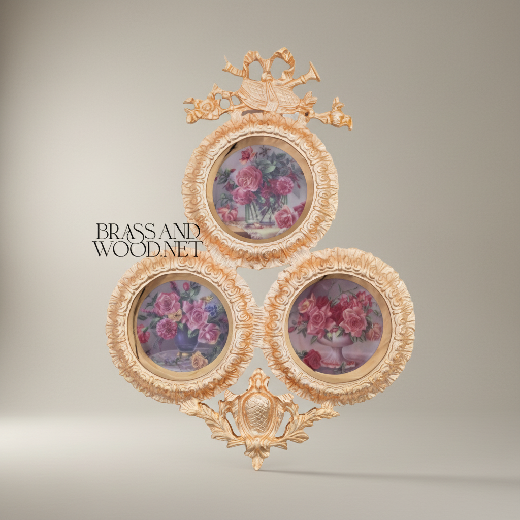 Rococo Triple Circular Wall Plate Set with Bow & Pineapple Crest — Gold