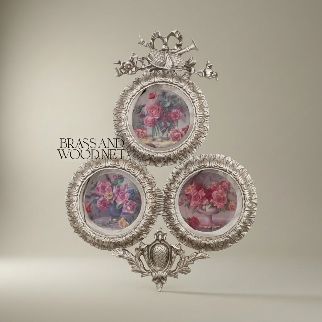 Rococo Triple Circular Wall Plate Set with Bow & Pineapple Crest — Silver