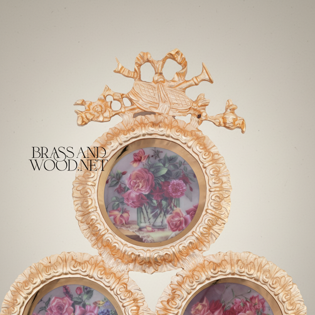 Rococo Triple Circular Wall Plate Set with Bow & Pineapple Crest — Gold