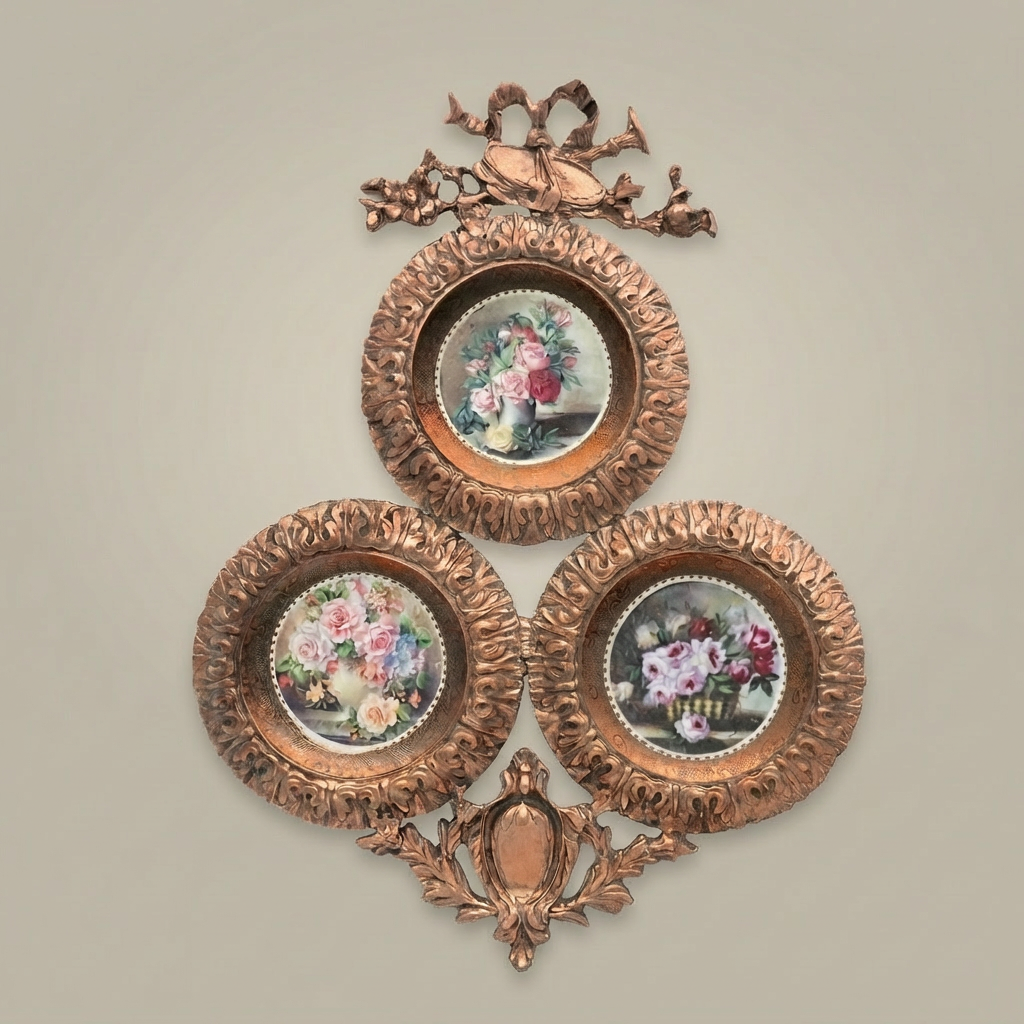 Rococo Triple Floral Plate Wall Composition with Bow Crest — Antique Gold