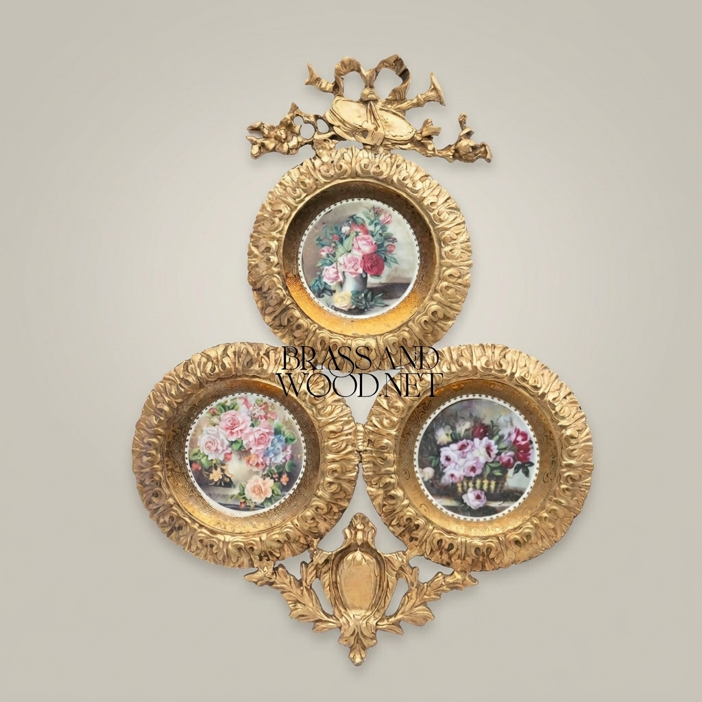 Rococo Triple Floral Plate Wall Composition with Bow Crest — Gold
