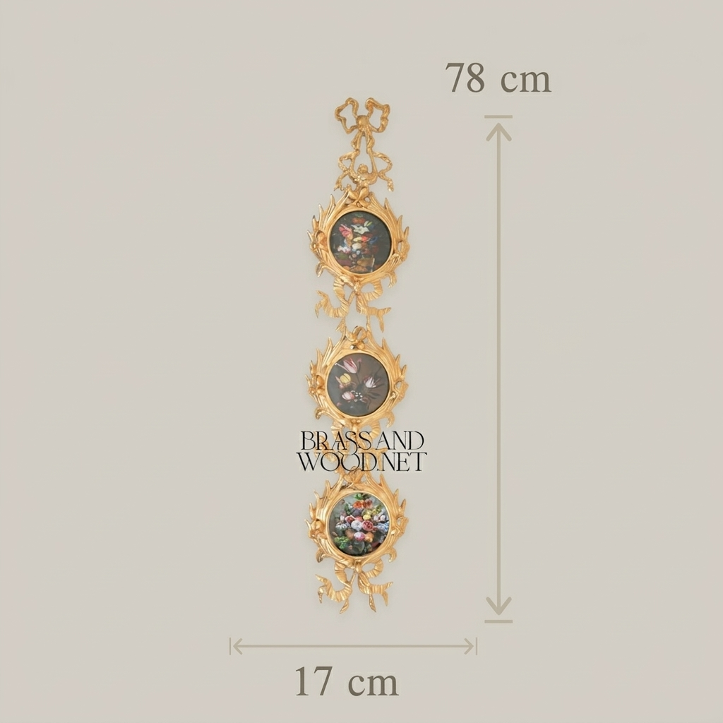Rococo Triple-Medallion Brass Wall Hanging with Floral Painted Panels