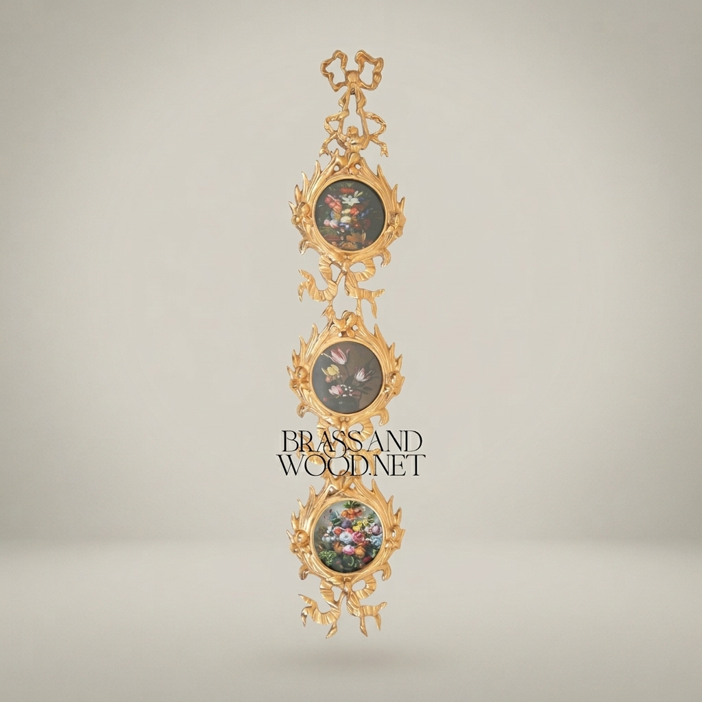 Rococo Triple-Medallion Brass Wall Hanging with Floral Painted Panels — Gold