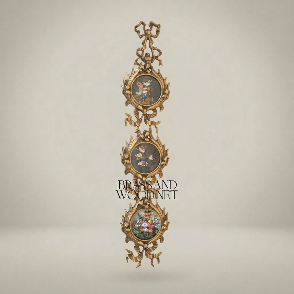 Rococo Triple-Medallion Brass Wall Hanging with Floral Painted Panels — Antique Gold