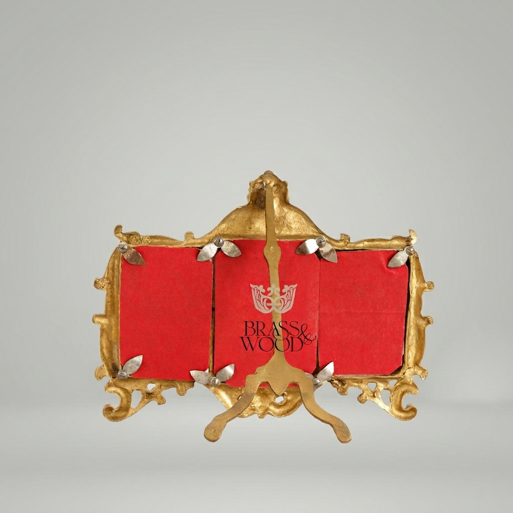 Rococo Triple Oval Brass Photo Frame with Scrollwork & Acanthus Crown — Antique Gold