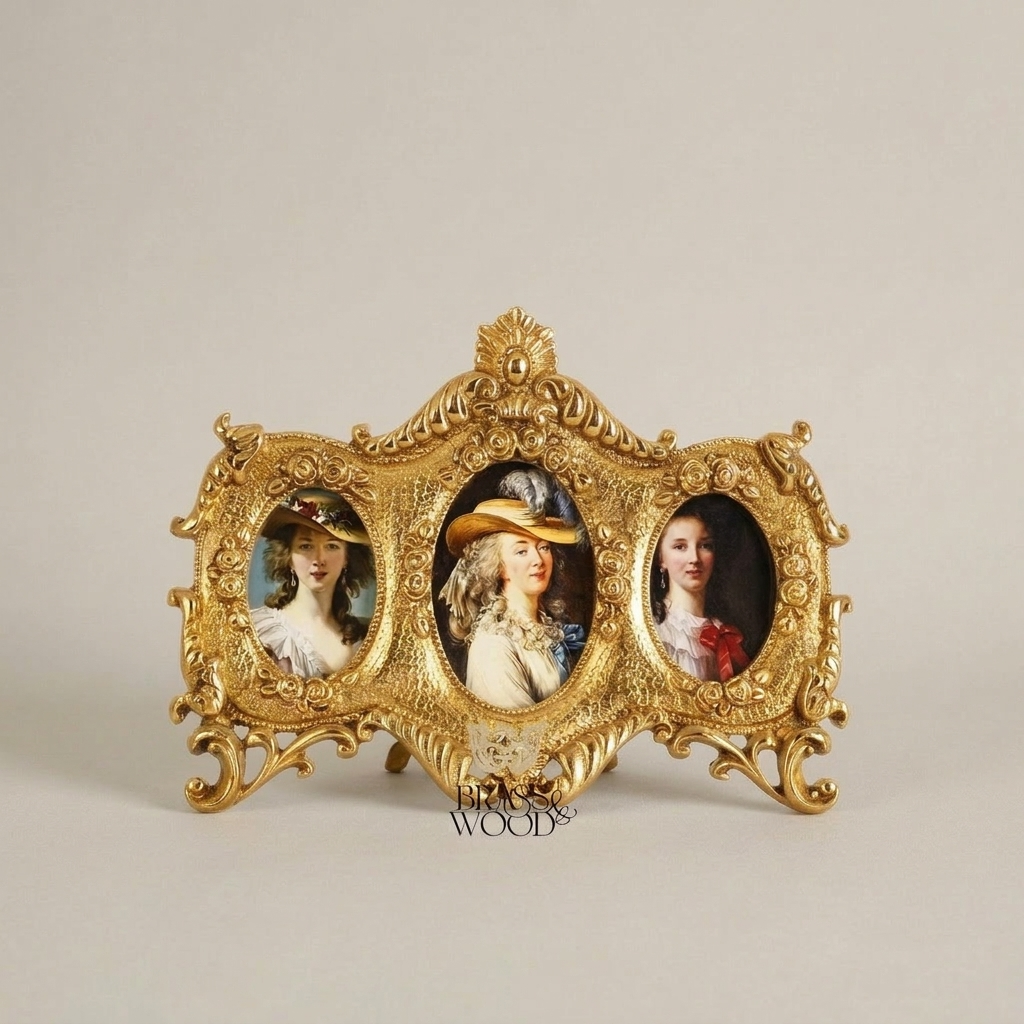 Rococo Triple Oval Brass Photo Frame with Scrollwork & Acanthus Crown — Gold