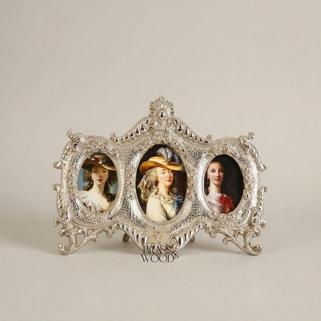 Rococo Triple Oval Brass Photo Frame with Scrollwork & Acanthus Crown — Silver