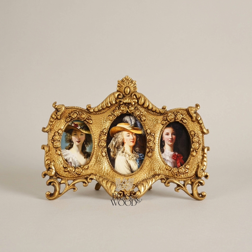 Rococo Triple Oval Brass Photo Frame with Scrollwork & Acanthus Crown — Antique Gold