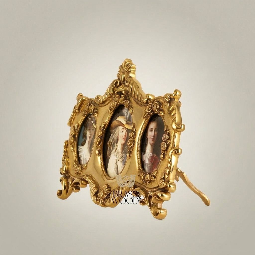 Rococo Triple Oval Brass Photo Frame with Scrollwork & Acanthus Crown