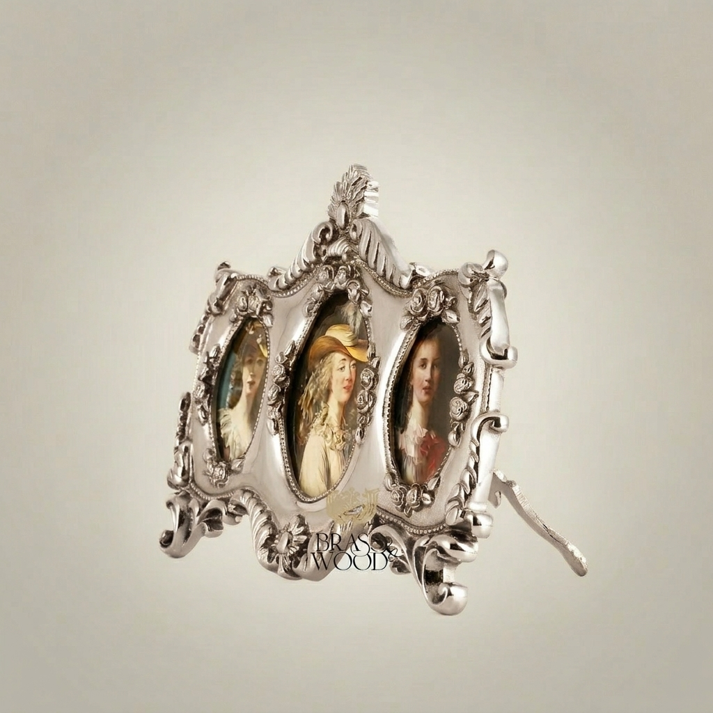Rococo Triple Oval Brass Photo Frame with Scrollwork & Acanthus Crown — Silver