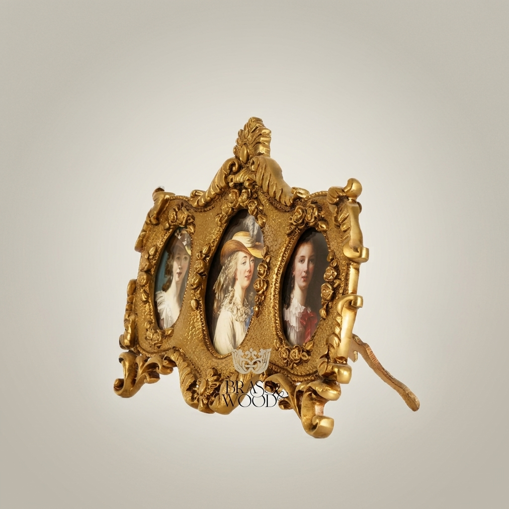 Rococo Triple Oval Brass Photo Frame with Scrollwork & Acanthus Crown — Antique Gold