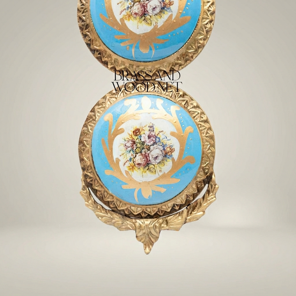 Rococo Triple Porcelain Medallion Brass Wall Plaque - Ribbon Crown & Floral Cartouche — Antique Gold