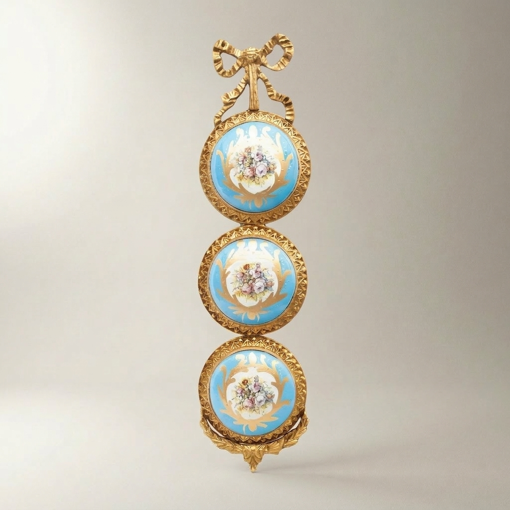 Rococo Triple Porcelain Medallion Brass Wall Plaque - Ribbon Crown & Floral Cartouche