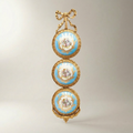 Rococo Triple Porcelain Medallion Brass Wall Plaque - Ribbon Crown & Floral Cartouche — Gold