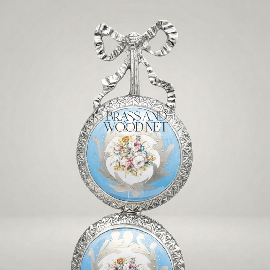 Rococo Triple Porcelain Medallion Brass Wall Plaque - Ribbon Crown & Floral Cartouche — Silver