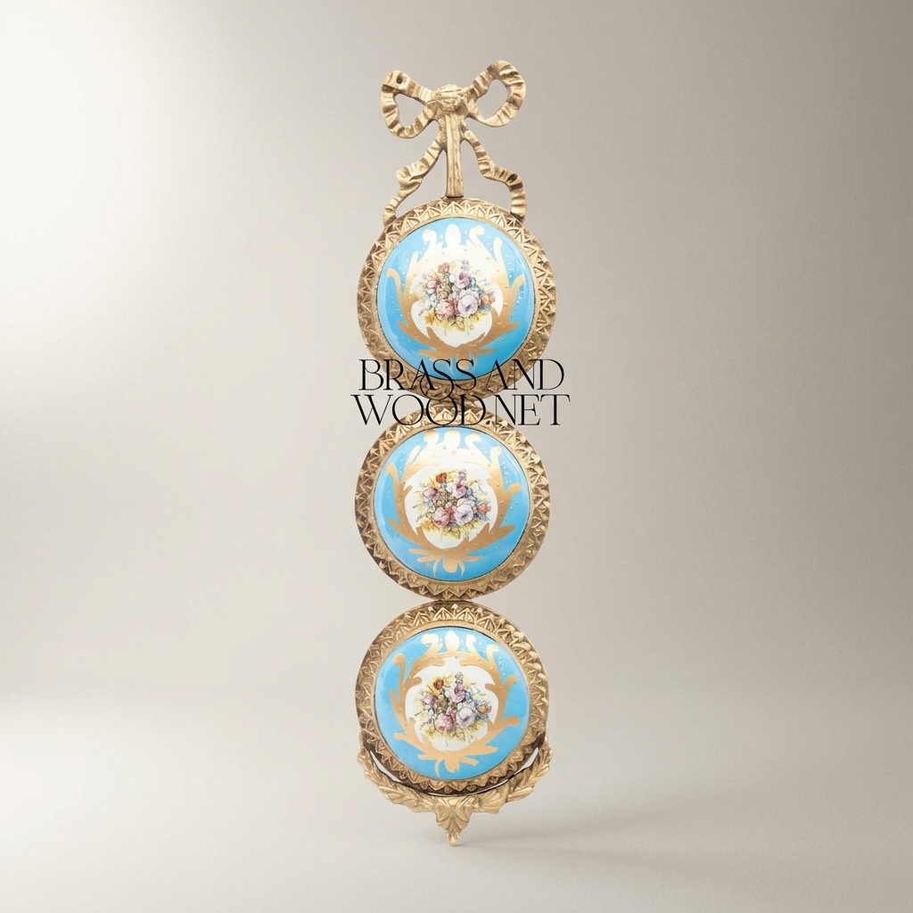 Rococo Triple Porcelain Medallion Brass Wall Plaque - Ribbon Crown & Floral Cartouche — Antique Gold