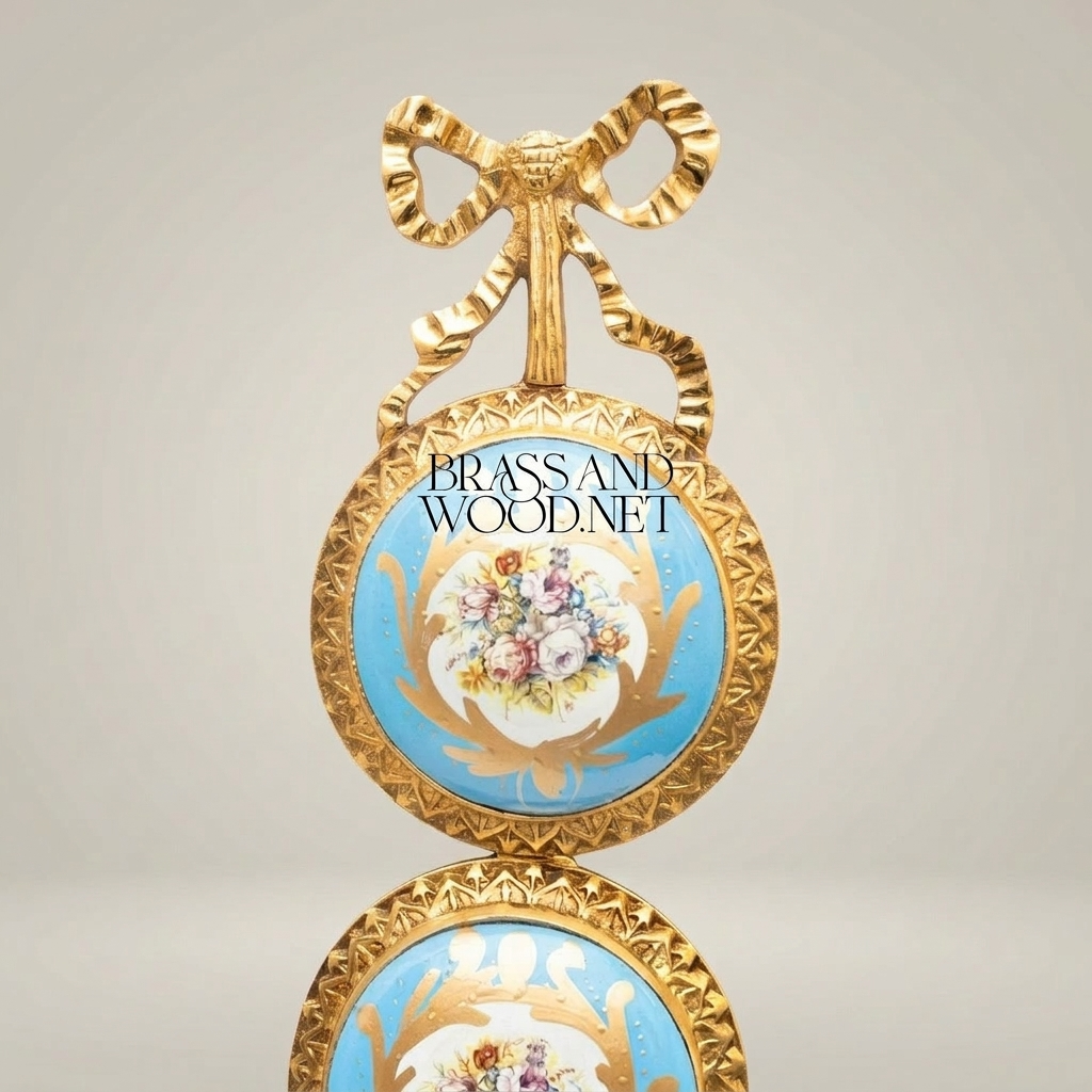 Rococo Triple Porcelain Medallion Brass Wall Plaque - Ribbon Crown & Floral Cartouche — Gold
