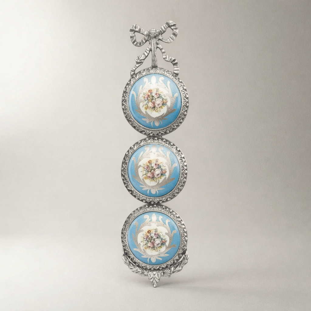 Rococo Triple Porcelain Medallion Brass Wall Plaque - Ribbon Crown & Floral Cartouche — Silver