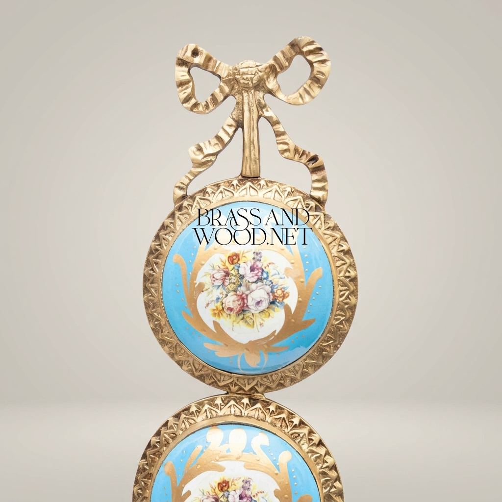 Rococo Triple Porcelain Medallion Brass Wall Plaque - Ribbon Crown & Floral Cartouche — Antique Gold