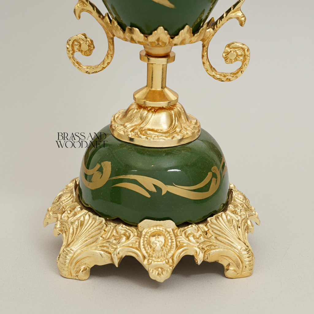 Rococo Trophy Cup Vase — Forest Green Ceramic with Floral Medallion & Ornate Brass Handles