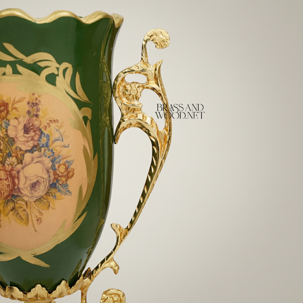 Rococo Trophy Cup Vase — Forest Green Ceramic with Floral Medallion & Ornate Brass Handles — Gold