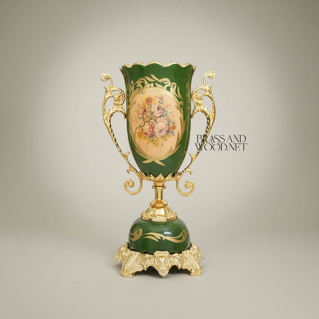 Rococo Trophy Cup Vase — Forest Green Ceramic with Floral Medallion & Ornate Brass Handles