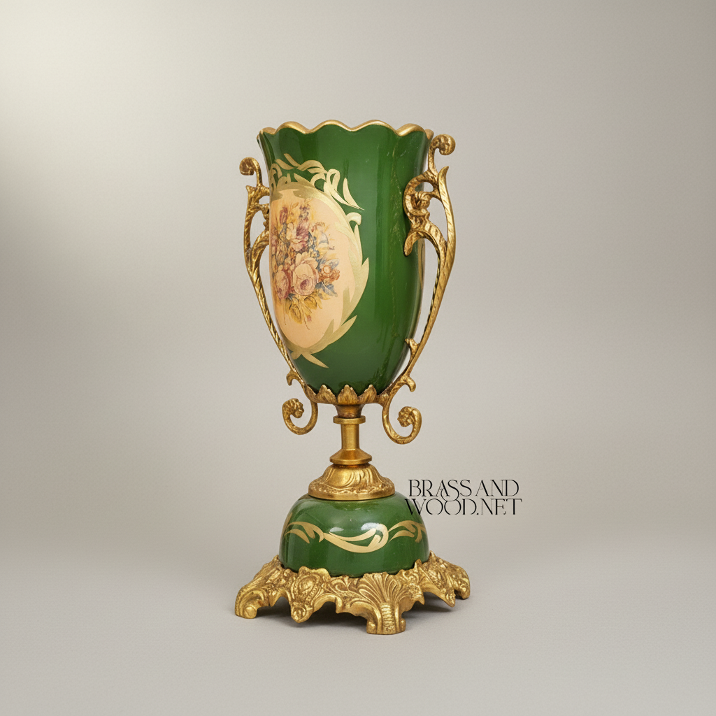 Rococo Trophy Cup Vase — Forest Green Ceramic with Floral Medallion & Ornate Brass Handles — Antique Gold