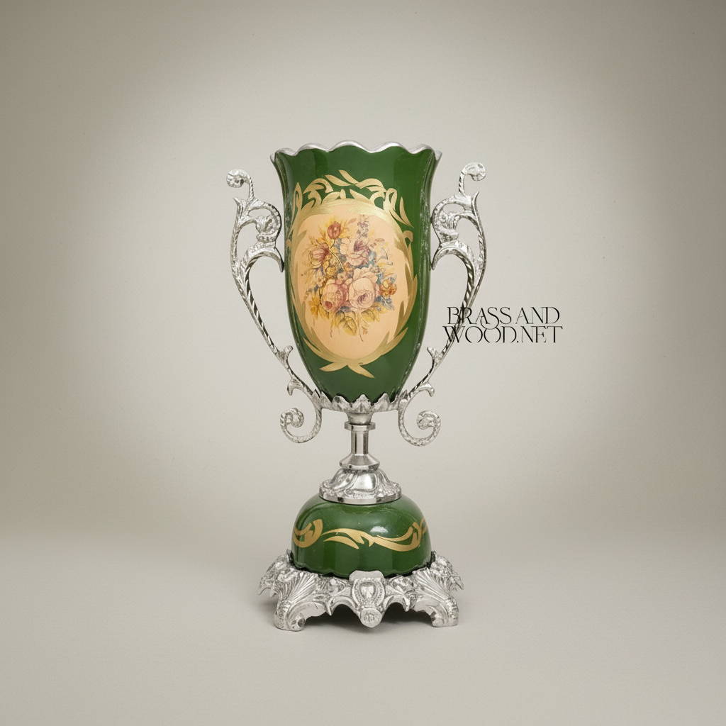 Rococo Trophy Cup Vase — Forest Green Ceramic with Floral Medallion & Ornate Brass Handles — Silver