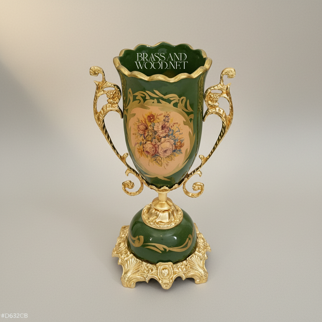 Rococo Trophy Cup Vase — Forest Green Ceramic with Floral Medallion & Ornate Brass Handles — Gold