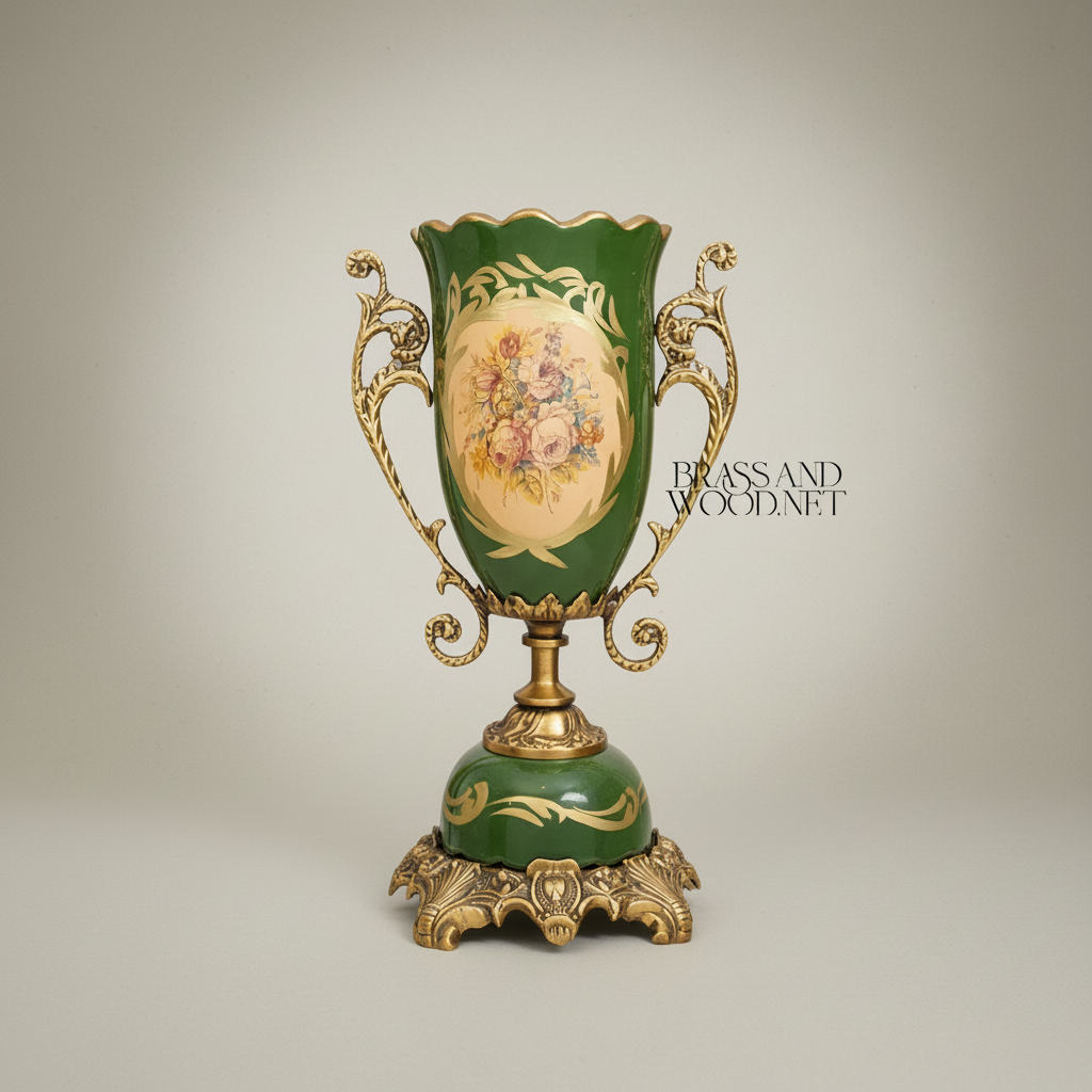 Rococo Trophy Cup Vase — Forest Green Ceramic with Floral Medallion & Ornate Brass Handles — Antique Gold