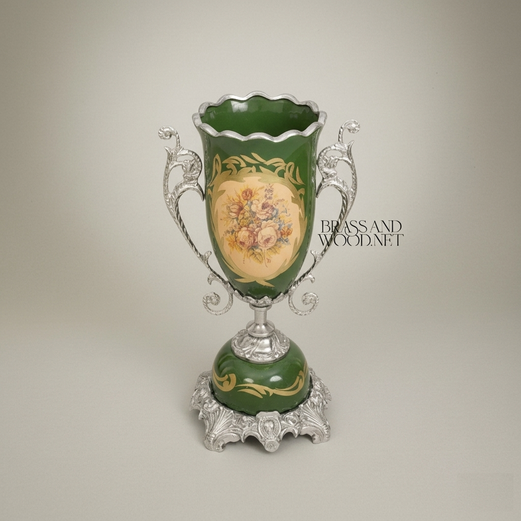 Rococo Trophy Cup Vase — Forest Green Ceramic with Floral Medallion & Ornate Brass Handles — Silver