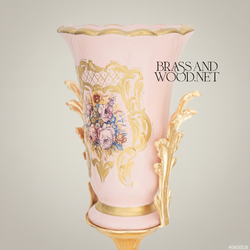 Rococo Trumpet Vase in Blush Pink Ceramic with Hand-Painted Floral Bouquet & Ornate Metal Base — Gold