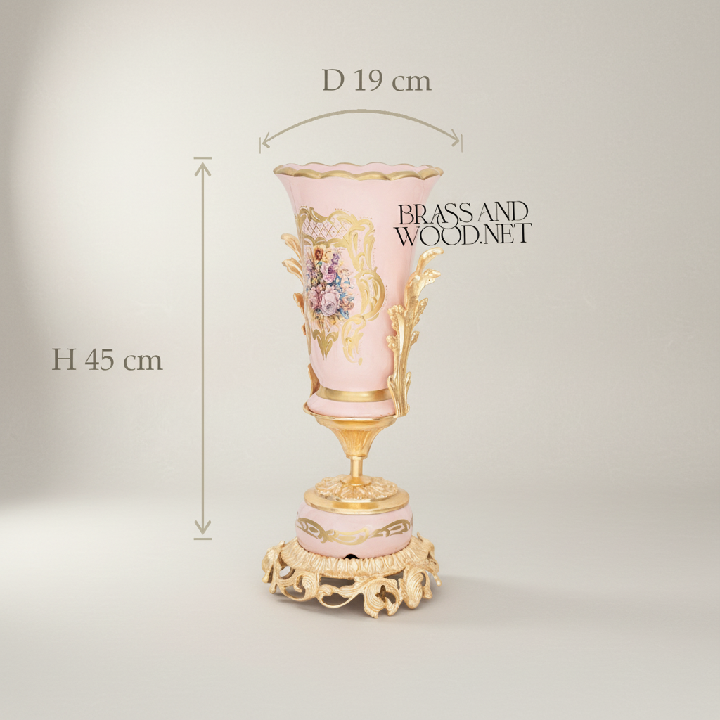 Rococo Trumpet Vase in Blush Pink Ceramic with Hand-Painted Floral Bouquet & Ornate Metal Base — Gold