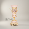 Rococo Trumpet Vase in Blush Pink Ceramic with Hand-Painted Floral Bouquet & Ornate Metal Base — Gold