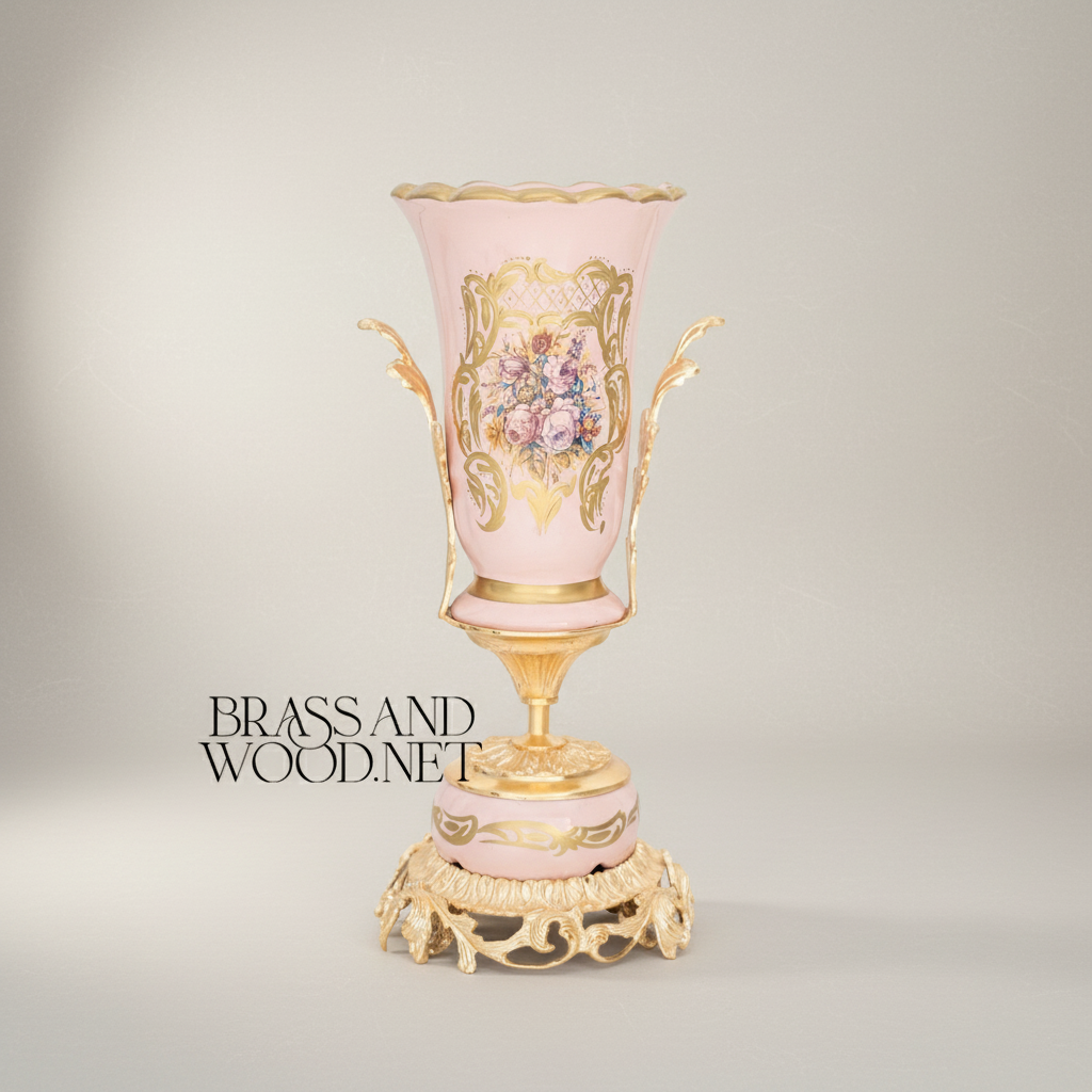 Rococo Trumpet Vase in Blush Pink Ceramic with Hand-Painted Floral Bouquet & Ornate Metal Base — Gold