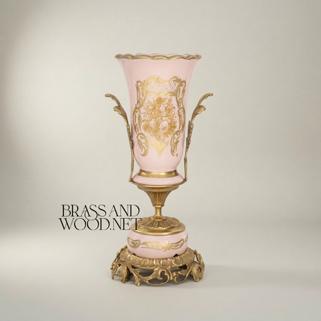 Rococo Trumpet Vase in Blush Pink Ceramic with Hand-Painted Floral Bouquet & Ornate Metal Base — Antique Gold
