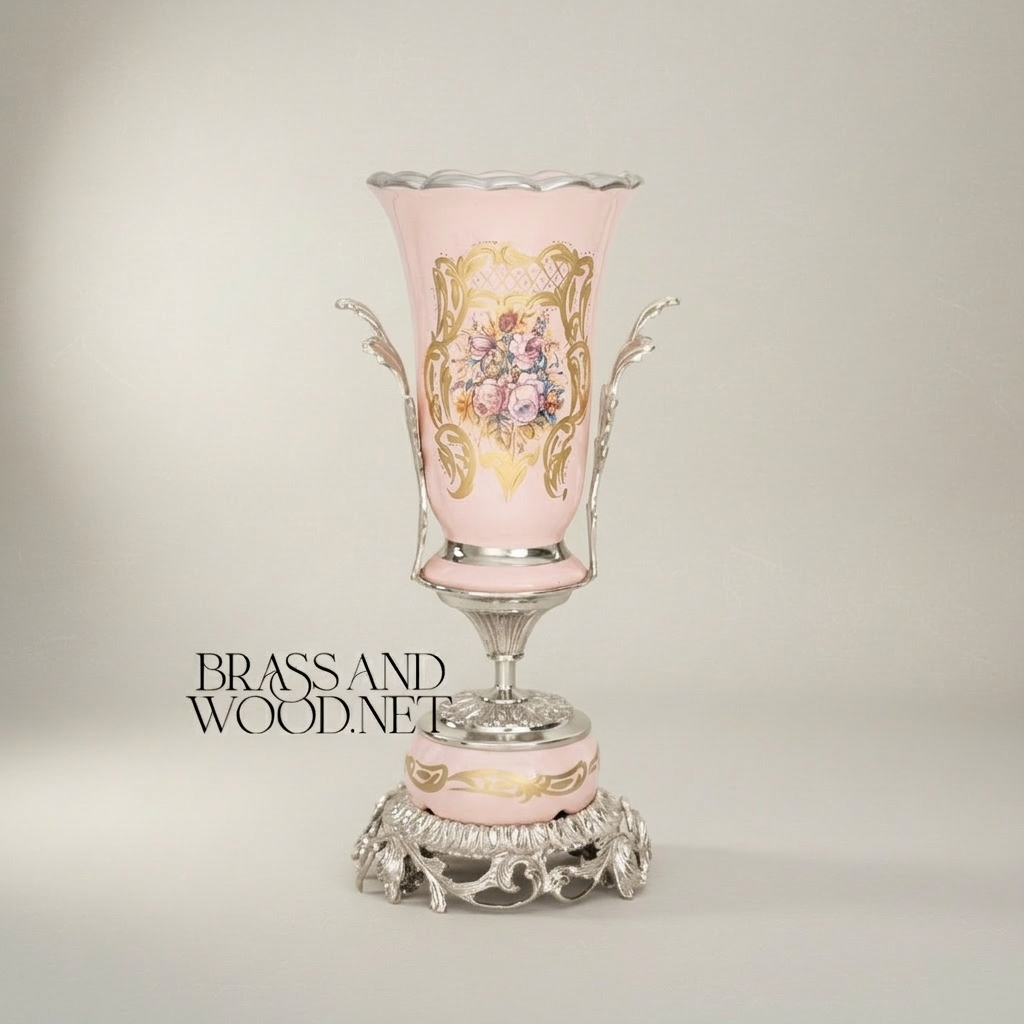 Rococo Trumpet Vase in Blush Pink Ceramic with Hand-Painted Floral Bouquet & Ornate Metal Base — Silver