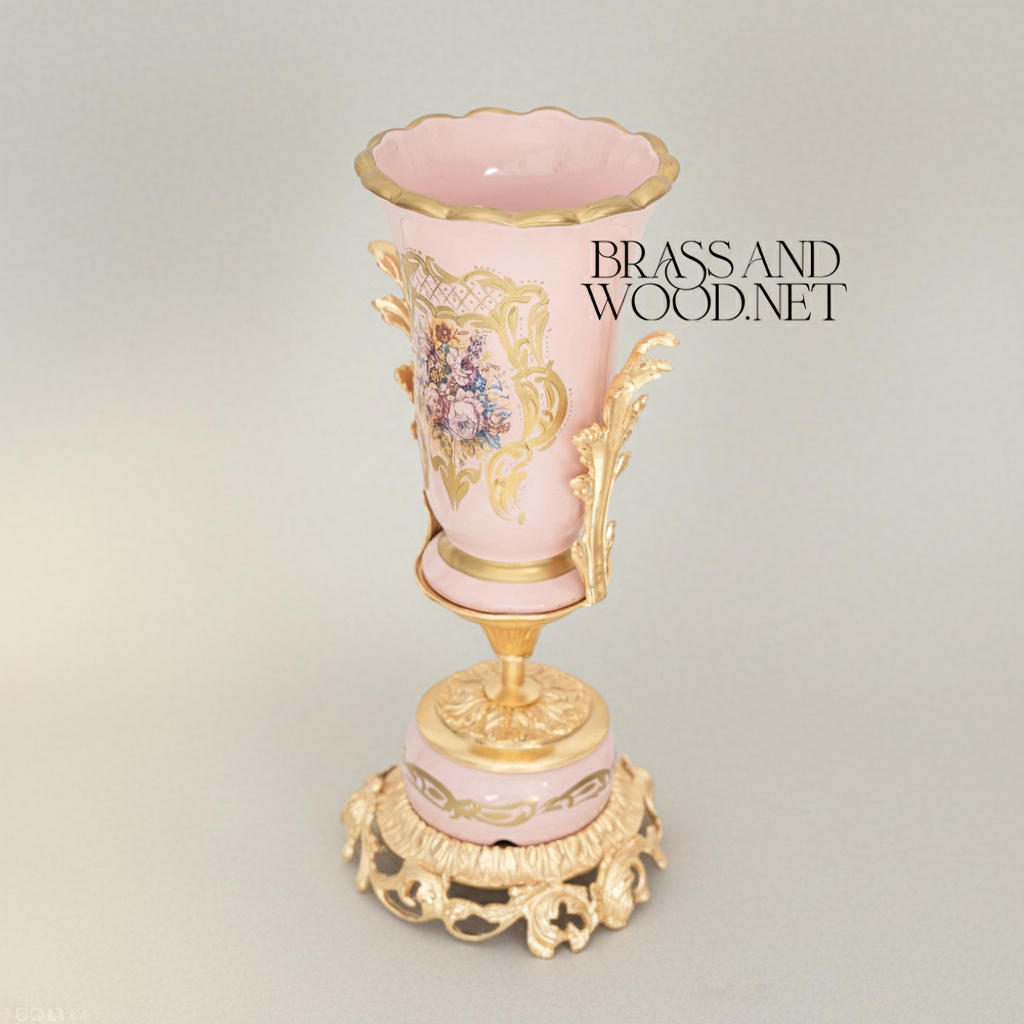 Rococo Trumpet Vase in Blush Pink Ceramic with Hand-Painted Floral Bouquet & Ornate Metal Base