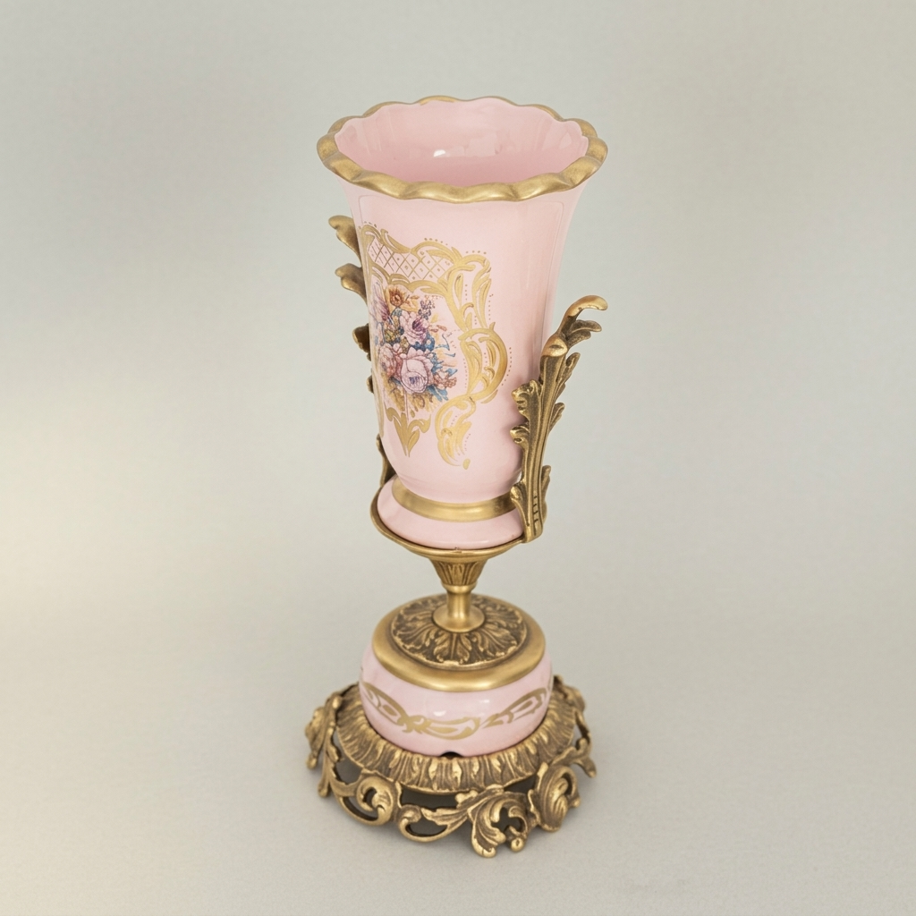 Rococo Trumpet Vase in Blush Pink Ceramic with Hand-Painted Floral Bouquet & Ornate Metal Base — Antique Gold